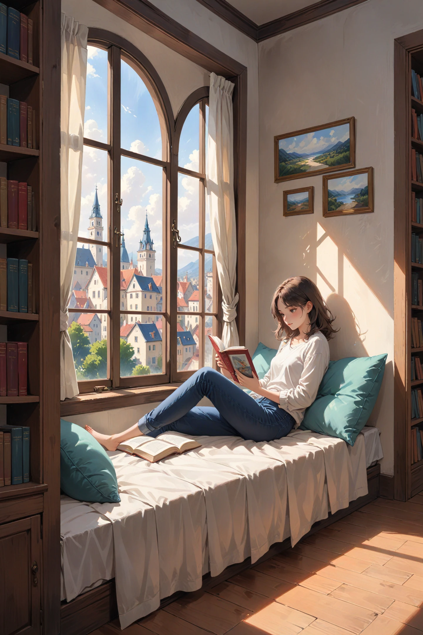 A woman reading in a window sill with cushions, next to the window are bookshelves on both sides, 8k, masterpiece, award winning art, amazing natural lighting, painterly, watercolors