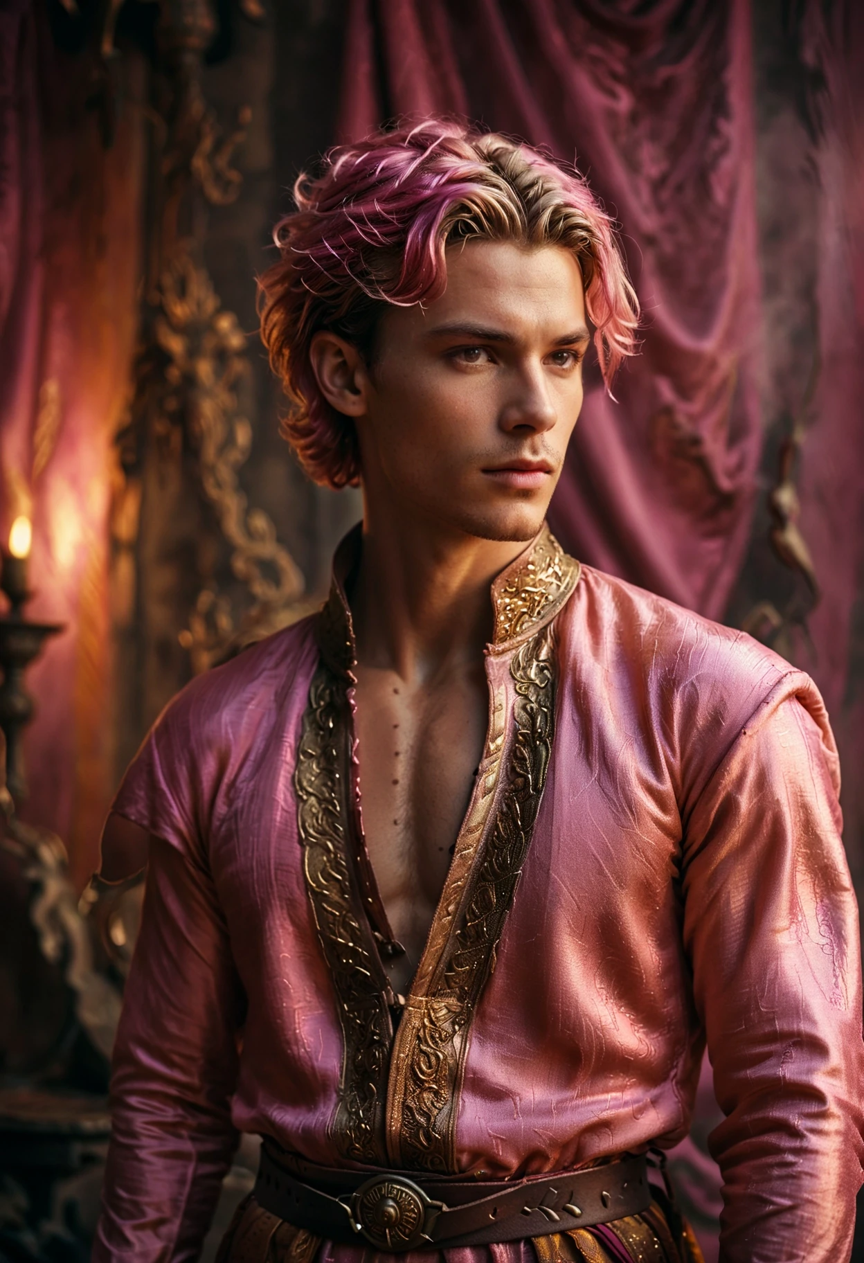 cinematic film still cinematic photo MOBA style, Warm Colors, Brother, Alluring and Unattractive, wearing Iron and Hammered Silk, his hair is Gold, High quality, Brocore, complementary colors, vignette, pink hue, stylized, A young man exudes confidence in a vibrant MOBA-style outfit composed of iron and hammered silk fabrics. His gold hair shines against the backdrop of pinkish tones. The warm colors evoke a sense of allure and unattractiveness. His brother stands beside him in a similar ensemble, their styles complementing each other in this unique photograph. The high quality of the image highlights every detail from the iron fabric of their clothing to the distinct pink hue that permeates the scene. A captivating vignette surrounds their figures, further emphasizing their striking presence.  . 35mm photograph, film, bokeh, professional, 4k, highly detailed . shallow depth of field, vignette, highly detailed, high budget, bokeh, cinemascope, moody, epic, gorgeous, film grain, grainy