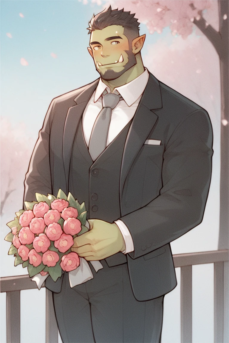 score_9, score_8_up, score_7_up, 1boy, solo, male focus, mature male, orc, green skin, tusks, beard, black hair, muscular, looking at viewer, cowboy shot, formal, black suit, suit, white shirt, collared shirt, grey necktie, long sleeves, smile, blush, holding flower, holding bouquet, standing, outdoors, sky, blue sky, tree, cherry blossoms <lora:OIS-s1 LoRA_Pony XL v6:1>