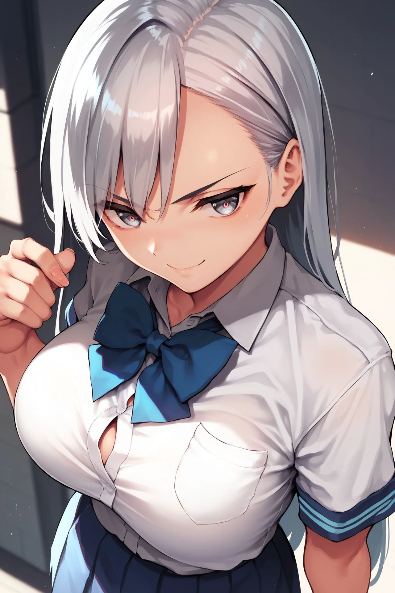 score_9, score_8_up, score_7_up, 1girl, smirk, silver hair, hair intakes, cream eyes, large breasts, aqua school uniform, sunbeam <lora:kase_daiki_PonyXL_style_v01:1>