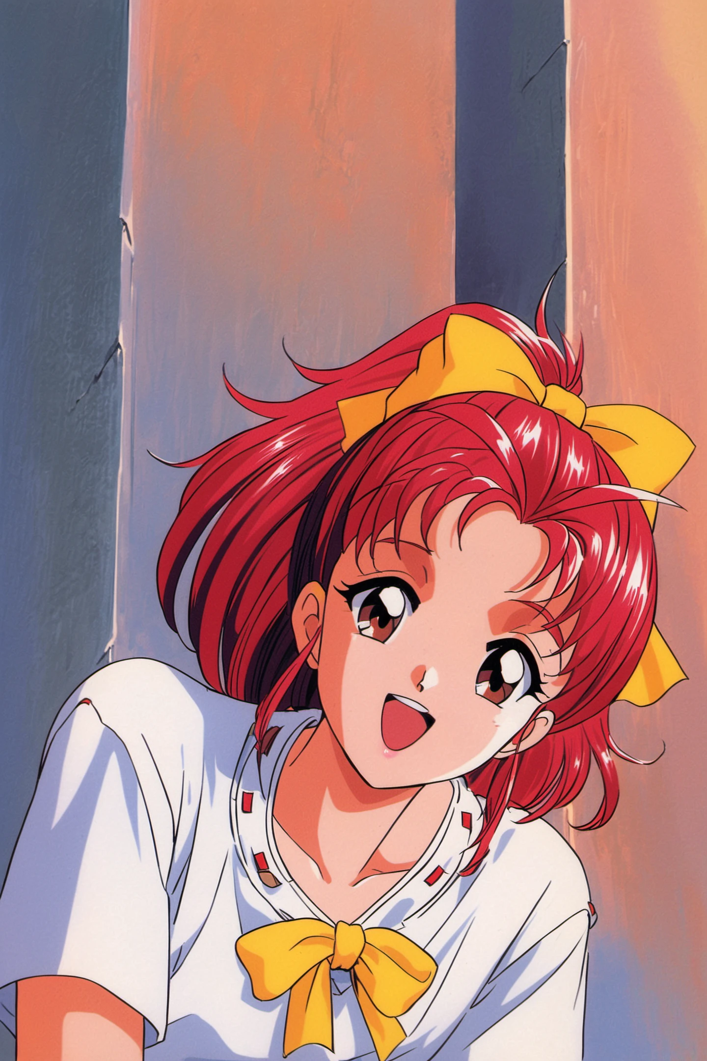 masterpiece, best quality, highres, sv1, sailor senshi uniform, elbow gloves, tiara, red bow, orange choker, orange sailor collar, white gloves, jewelry, white leotard, outdoors, street, cowboy shot, ass, from behind, perfect face, perfect eyes, lips, blush