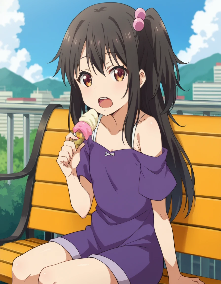 score_9, score_8_up, score_7_up, source_anime,
chiesayama, <lora:chie-sayama-ponyxl-lora-nochekaiser:1>
chie sayama, brown hair, yellow eyes, hair ornament, hairclip,
camisole, blue camisole, bare shoulders, collarbone, skirt, yellow skirt,
outdoors, cityscape, eating, smile, ice cream, sitting, bench,
looking at viewer, dutch angle, cowboy shot,