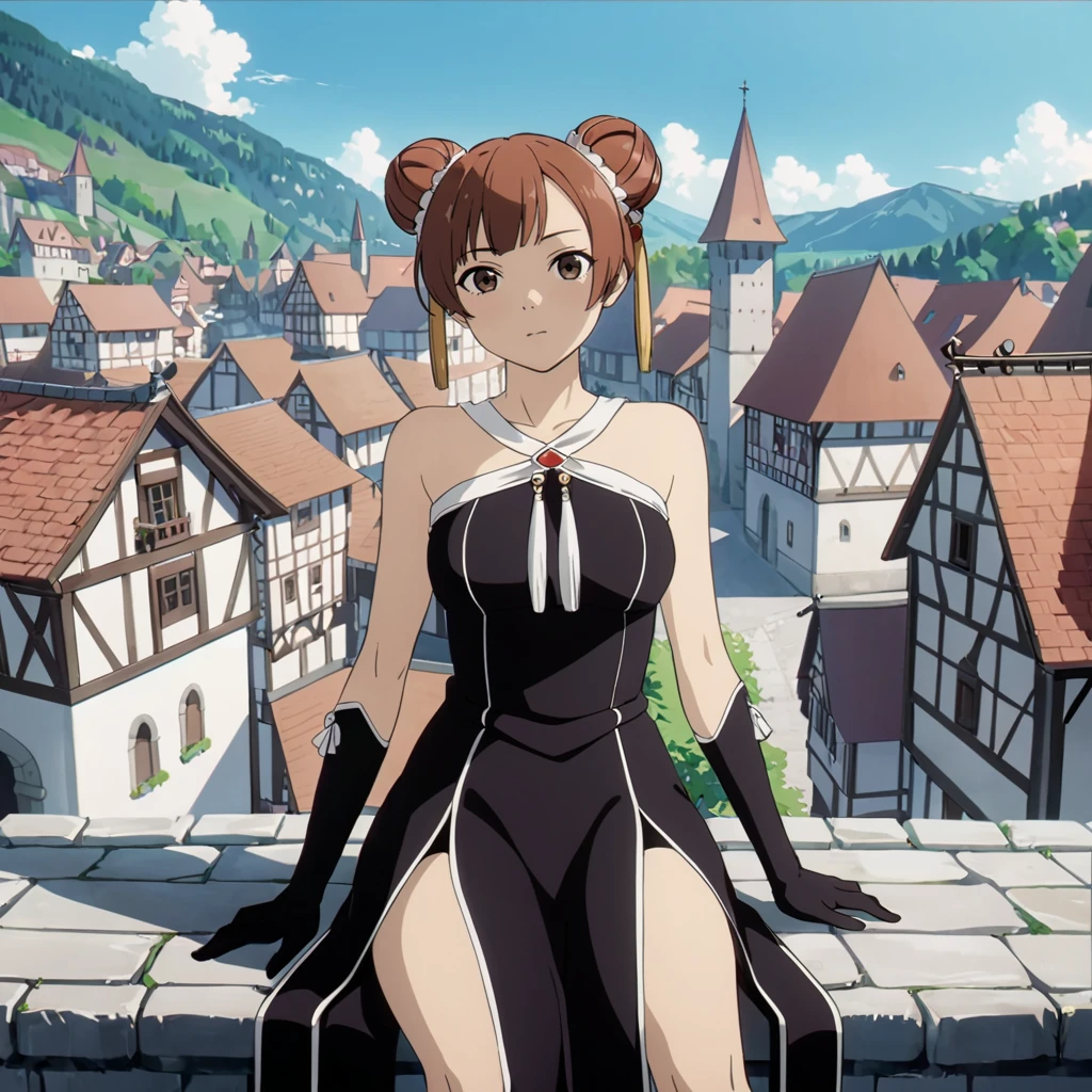 <lora:LaufenXL002>,<lora:DetailedEyes_V3:1.6>,looking at viewer,
solo,
anime screencap,
Laufen,1girl,brown hair,double bun,brown eyes,hair_ornament,
black dress,bare shoulders,
black gloves,
pelvic curtain,
boots,
medieval town,full body,sitting,