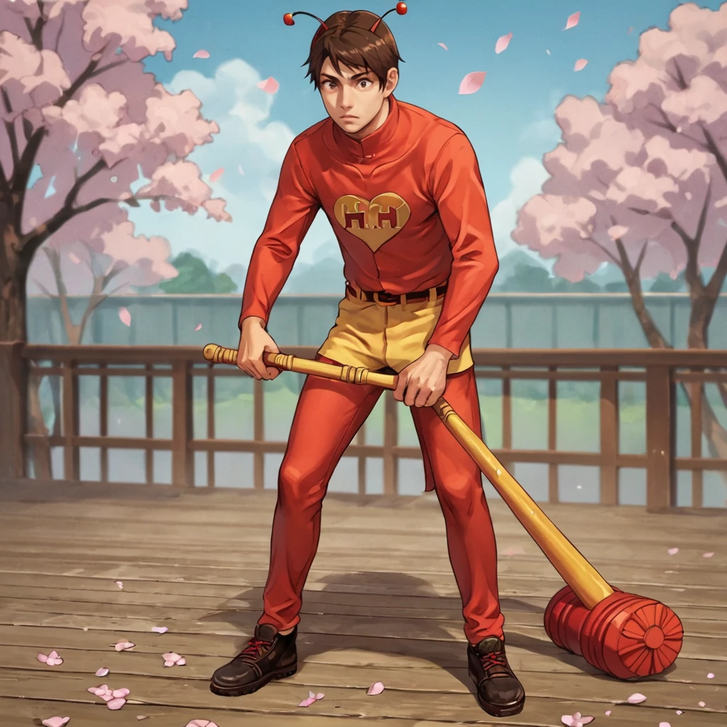 score_9, score_8_up, score_7_up, score_6_up, score_5_up, score_4_up, BREAK source_anime, 1boy,male focus,  brown hair, <lora:chapulín_colorado:0.9>,chapulin,full_body,blue sky, baseball_bat, black_eyes, solo, standing, weapon, one girl, beautiful face, pale skin, busty,  cherry blossoms,