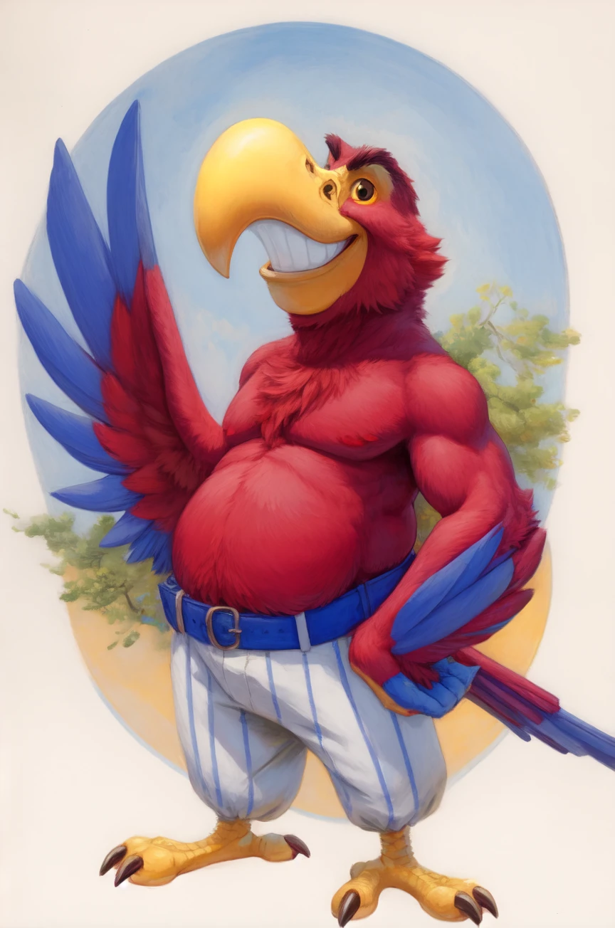 solo, male, iago, scarlet macaw, anthro, avian, yellow sclera, black eyes, eyebrows, eye markings, head tuft, red body, red feathers, winged arms, wing hands, tail feathers, full-length portrait, masterpiece, extreme detail, standing, talons, avian feet, leaning, slightly chubby, baggy pants, puffy pants, white pants, striped pants, cloth belt, chest tuft, elbow tuft, grin, teeth