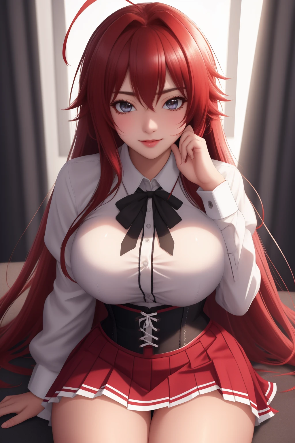 ((best quality)), absurdres, ((ultra high res)), perfect face, beautiful face, rias gremory, red pleated skirt, white shirt, black ribbon, corset, school uniform, perfect female body, looking at viewer, fancy lights, fancy lighting, perfect skin, clean skin, soft skin, 8k, masterpiece,  <lora:rias:0.7>