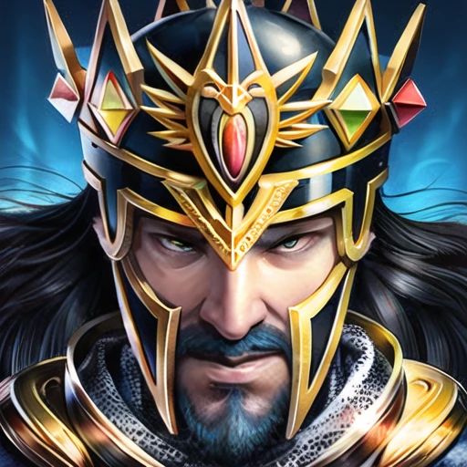 <lora:gmic_gameicon1-000014:1>,a man in a helmet with a beard and a beard on his head, wearing a helmet with red eyes, 1boy, 1girl, beard, black hair, brown eyes, close-up, face, facial hair, hat, long hair, looking at viewer, mustache, portrait, serious, solo