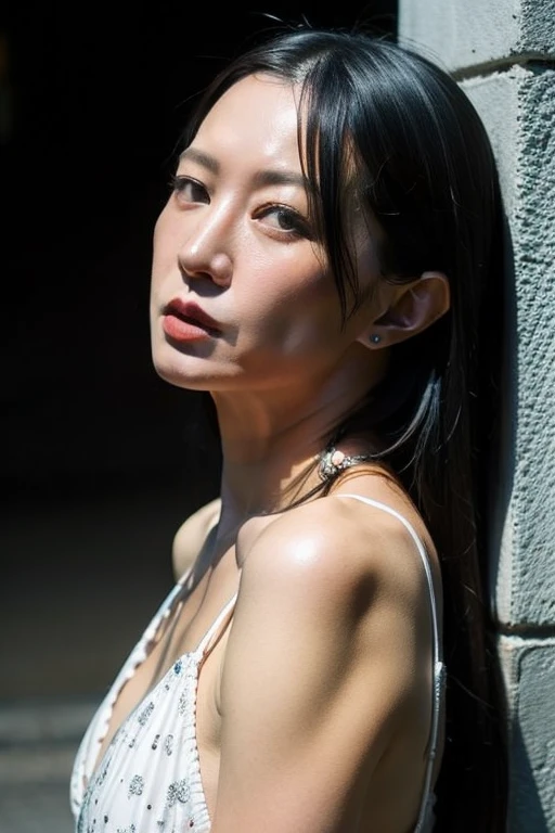 Best quality,masterpiece,ultra high res,(photorealistic:1.2),1girl,in the dark,deep shadow,low key,slim body,japanese street alley,dynamic pose,face closeup,<lora:liixxing:0.9>,