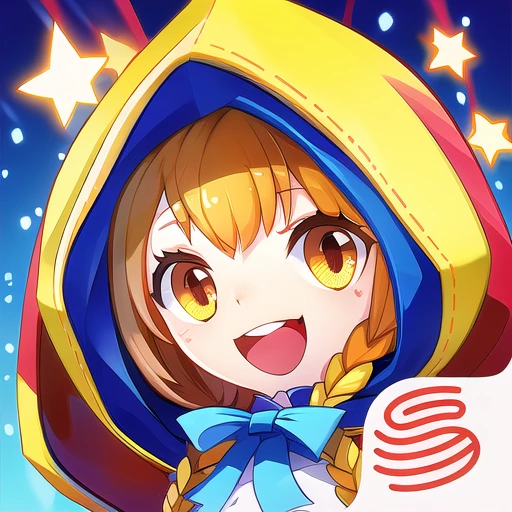 <lora:gmic_gameicon1-000014:1>,a cartoon character with a hat and a star on her head and a red and white background with a red and blue star, 1girl, + +, animal hood, bangs, braid, bunny hood, chibi, eyebrows visible through hair, hair between eyes, hood, hood up, hooded cape, hooded cloak, hooded coat, hoodie, long hair, looking at viewer, open mouth, red hood, saint quartz \(fate\), smile, solo, star-shaped pupils, star \(symbol\), star hair ornament, star print, starry background, teeth