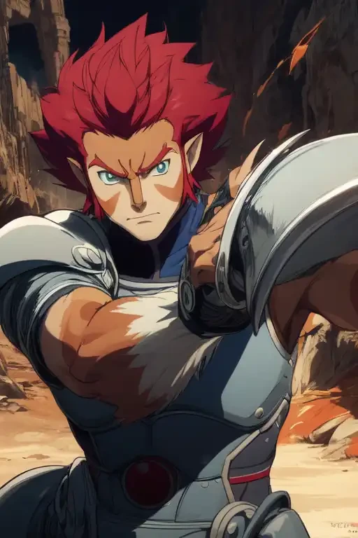 Thundercats, lion o, lion-o, best quality image, cat man, fantasy, red hair, face markings, Thundercats 2011, light armor, claws on hands, lion fur, sci-fi, tan skin, tan fur, sword, blue eyes, cat pupils, ,<lora:more_details:0.5>