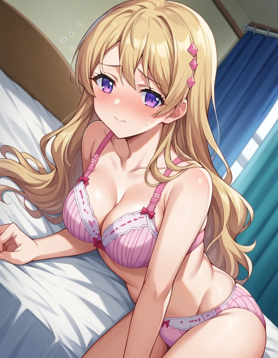 score_9, score_8_up, score_7_up, source_anime,
momokafujiwara, <lora:momoka-fujiwara-ponyxl-lora-nochekaiser:1>
momoka fujiwara, long hair, blonde hair, hair ornament, purple eyes,
underwear, panties, bra, pink panties, lingerie, pink bra,
indoors, bed, bed room, on side, blush, drunk,
looking at viewer, dutch angle, cowboy shot,