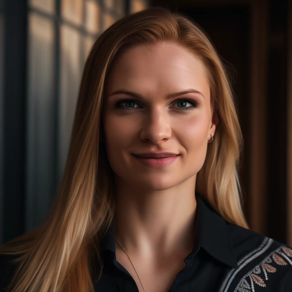 house, peop Best_QualityPos, RAW photo, intricate details, best quality, 8k uhd, soft lighting, 1girl, solo, Annie Thorisdottir, green eyes, long hair, blonde hair, muscular female, black collared shirt <lora:Annie_Thorisdottir:0.7> <lora:exposure_control_v10:-0.5>