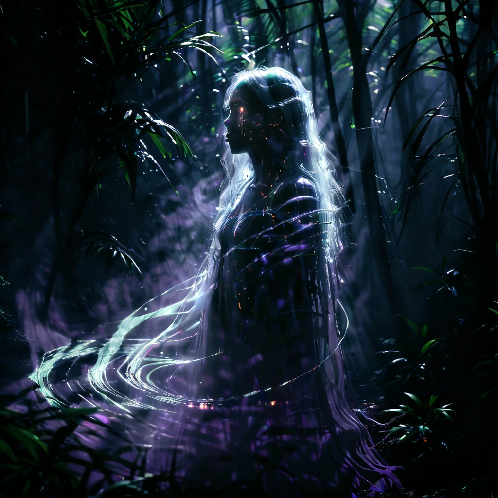 sound-of-anzhu, 1girl, solo, long hair, from side, tree, glowing, colored skin, dark, sound waves, dress,



dark, dimly lit, 

masterpiece, best quality, octane render, 

