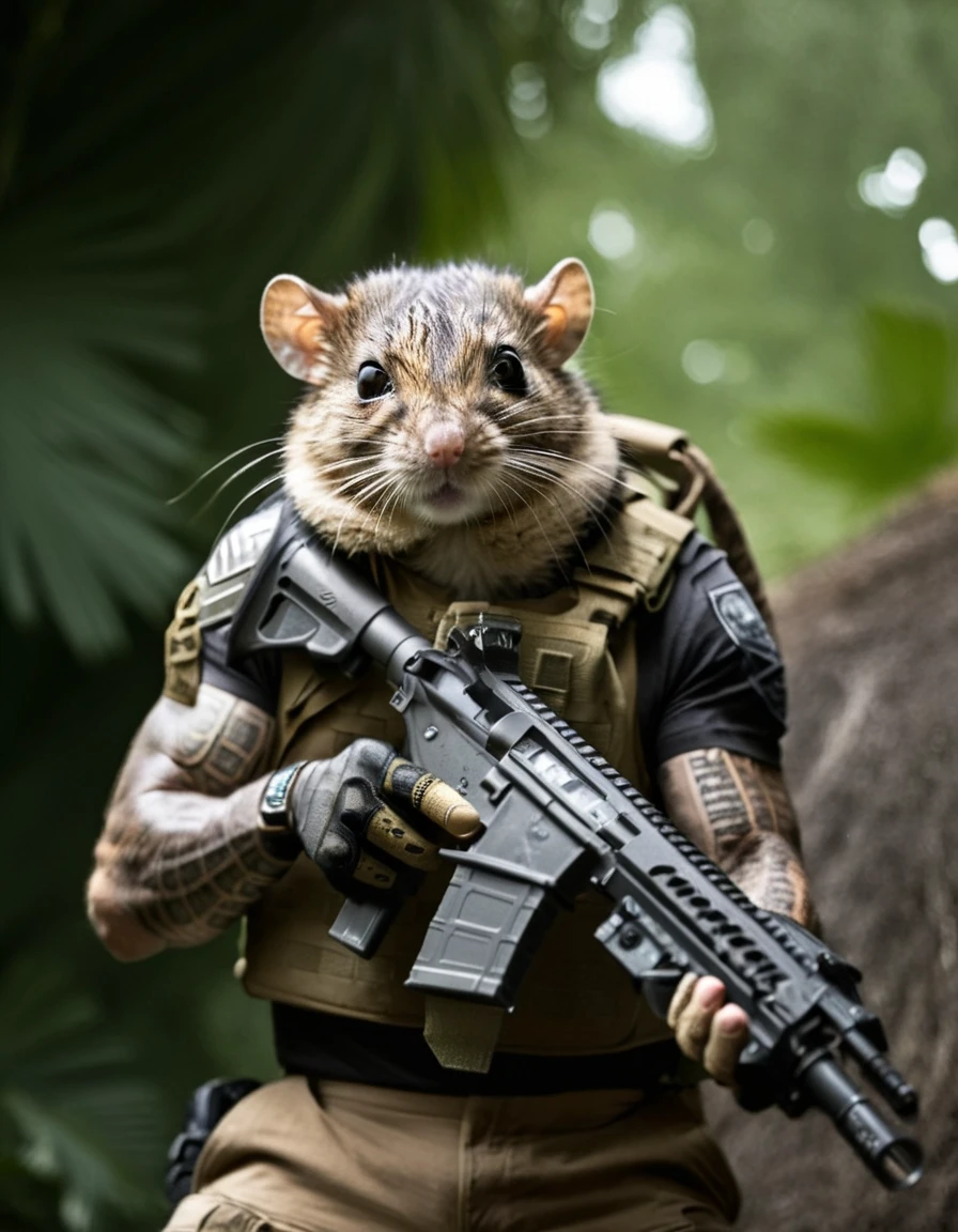 <lora:55D3434F21:1> a mouse in a body of diamonds with a rifle, still from the movie predator, predator, ap, body shot, highlight, french special ops, special forces, intense look, awarded winning photo, beauty shot, breathtaking shot