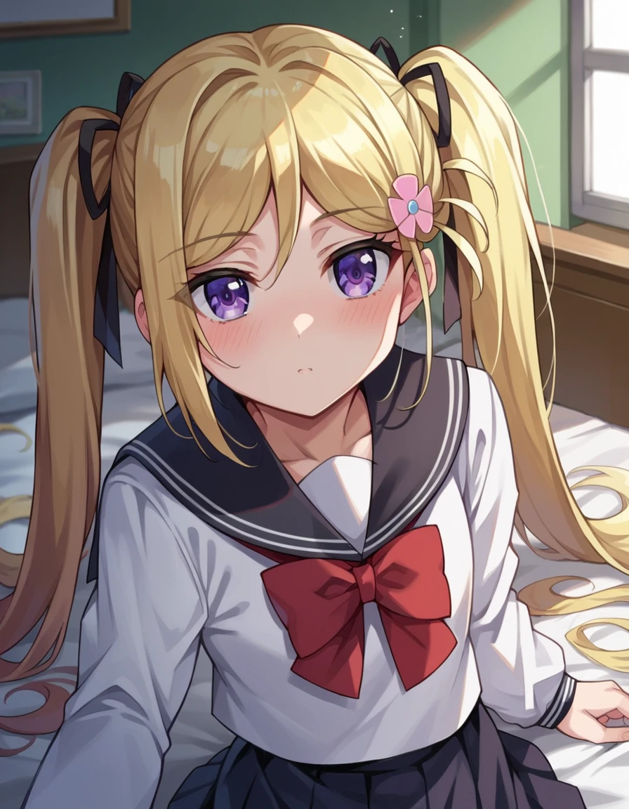 score_9, score_8_up, score_7_up, source_anime,
mafuyuorifushi, <lora:mafuyu-orifushi-ponyxl-lora-nochekaiser:1>
mafuyu orifushi, long hair, blonde hair, hair ornament, ribbon, twintails, purple eyes, hair ribbon,
school uniform, serafuku, bow, red bow, black sailor collar, black skirt, skirt,
indoors, bed, bed room, on side, blush, drunk,
looking at viewer, dutch angle, cowboy shot,