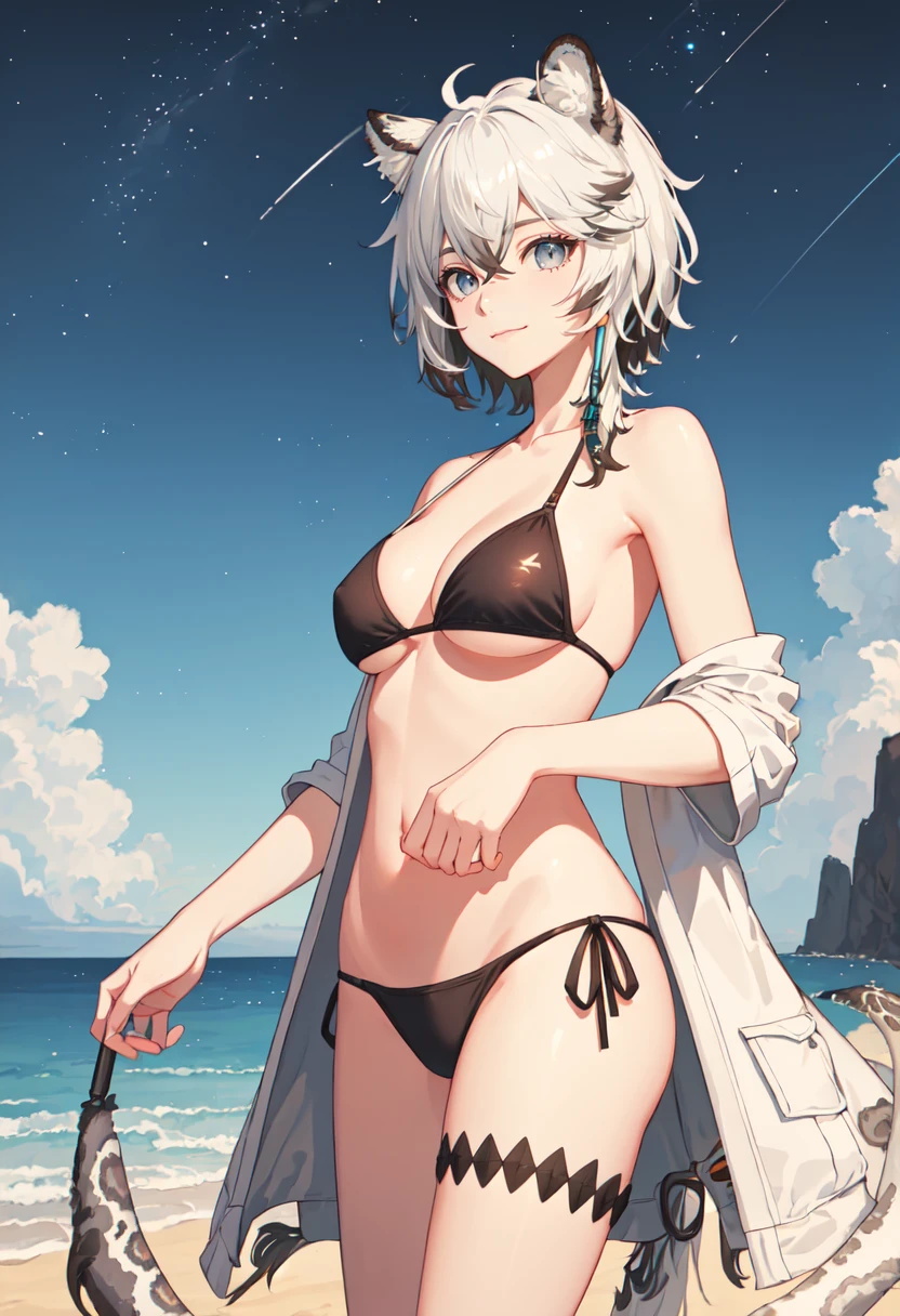 best quality, masterpiece, highres, solo, (cliffheart_arknights:1.10), (night:1.10), (starry sky:1.10), beach, beautiful detailed sky, (extremely detailed background:1.20), (standing:1.10), looking at viewer, (bikini:1.30), light smile, 21 <lora:cliffheart_arknights:0.80>