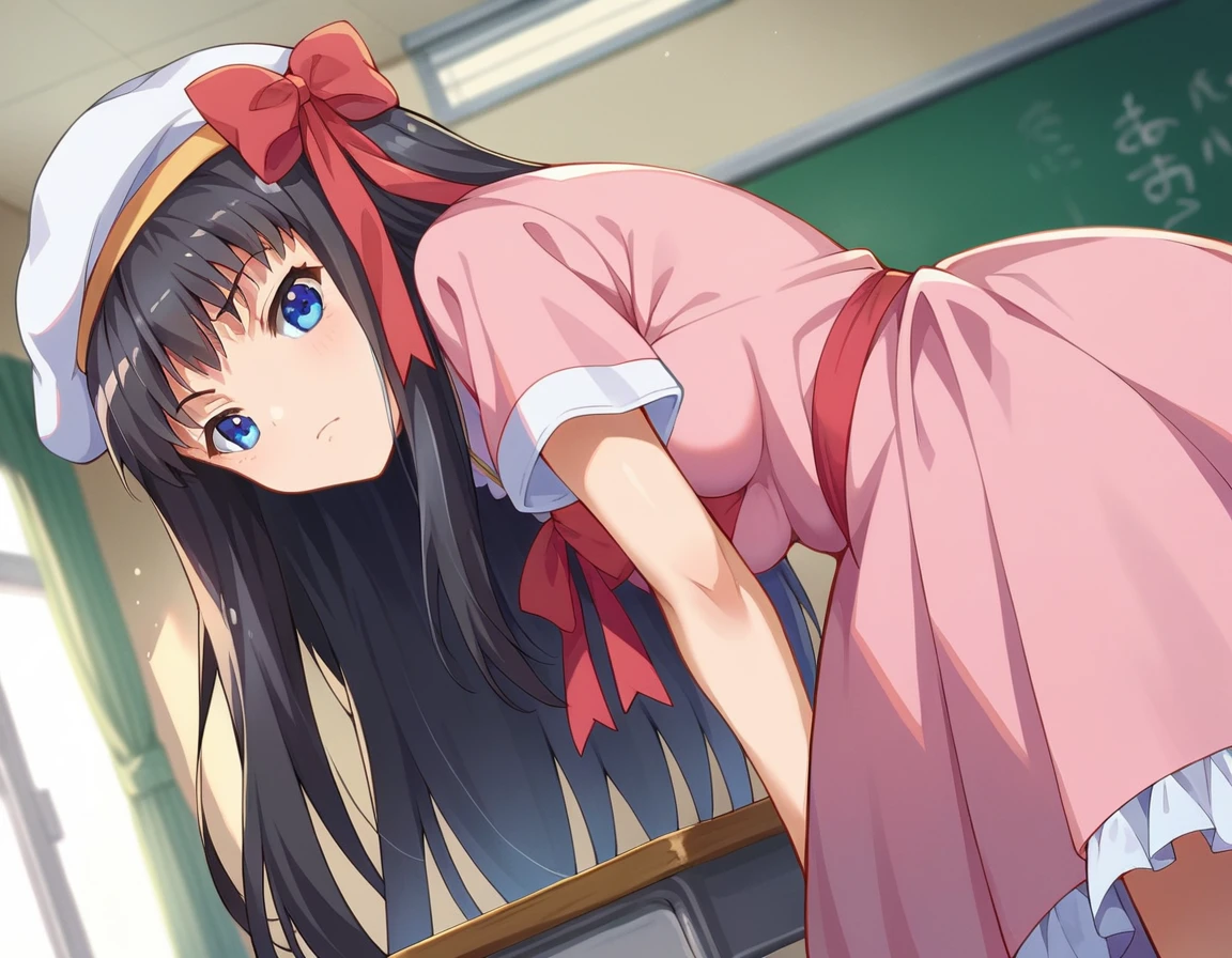 score_9, score_8_up, score_7_up, source_anime,
kisarahimeno, <lora:kisara-himeno-ponyxl-lora-nochekaiser:1>
kisara himeno, long hair, black hair, blue eyes,
hat, dress, pink dress, ribbons, red ribbon, short sleeves,
indoors, classroom, bent over,
looking at viewer, dutch angle, cowboy shot,
