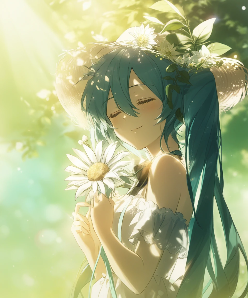 1girl, solo, long hair, hatsune miku, flower, dress, hat, closed eyes, holding, white dress, white flower, smile, twintails, sun hat, leaf, upper body, closed mouth, sunlight, jewelry, light particles, blurry, dappled sunlight, very long hair, aqua hair, hand up, bare shoulders, bangs, outdoors, blue hair, hair between eyes, plant