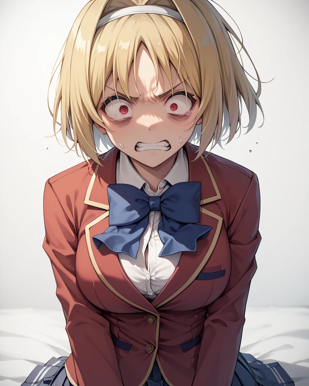 score_9, score_8_up, score_7_up,
<lora:Kushida_Kikyou_PONY:1>,kushida kikyou,1girl, solo, red eyes,short hair, blonde hair,white hairband,hair intakes,school uniform,white shirt, bowtie, blue bow,blazer,skirt, red jacket,angry, wide-eyed, constricted pupils,