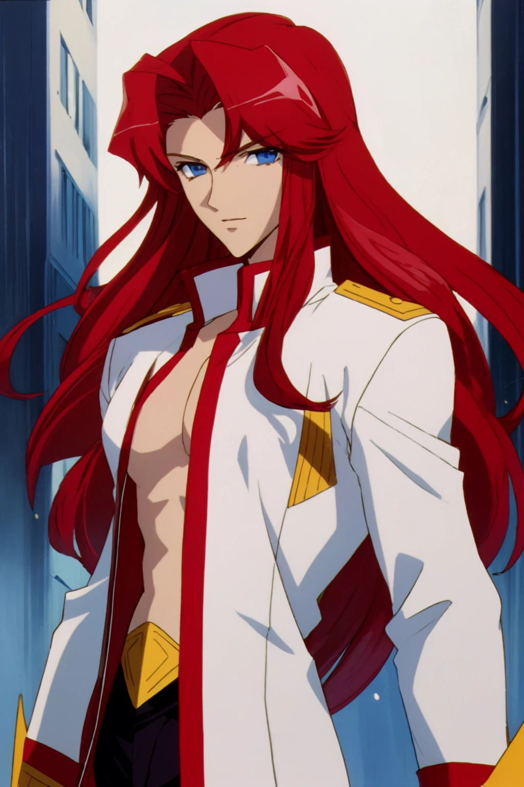 utenaki, solo male, (touga), long red hair, blue eyes, soft smile, muscular build, white uniform, open jacket, <lora:utenaki1:1>
