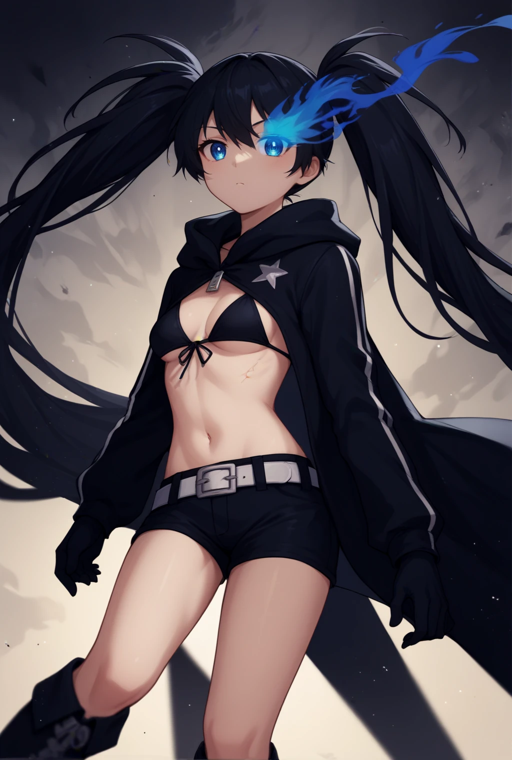 core_9, score_8_up, score_7_up, source_anime, 1girl, solo, looking at viewer, cowboy shot,
<lora:BRSPdxlDwnsty:1>,blue eyes, flaming eye, black hair, twintails, long hair, black jacket, bikini top only, black shorts, white belt, black gloves, knee boots,
medium breasts,
abstract background, pattern, spiral, steam, dark clouds, light particles, multicolored background,