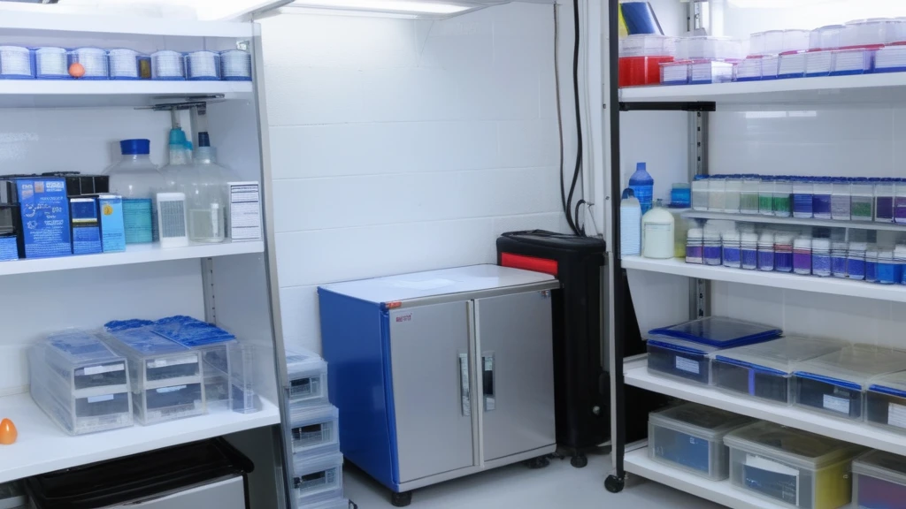 Generate a detailed full-room (panoramic:1.5) image of a crowded yet clean company laboratory storage room. Shelves and glass cabinets are covering the walls from the clean floor to the industrial ceiling. The room is filled with laboratory equipment ranging from test tubes, petry dishes as well as metal stands, coulourful plastic containers as well as glass containers with colorful liquids and crystals. Subtly integrate a (tiny:1.8) 1easteregg, ensuring they blend in while still being discoverable upon closer inspection. Despite the densely packed storages, the image should convey a neutral, documentary-like realistic atmosphere and is brigthly lit with white light. <lora:realmessy_v3-000100:1>