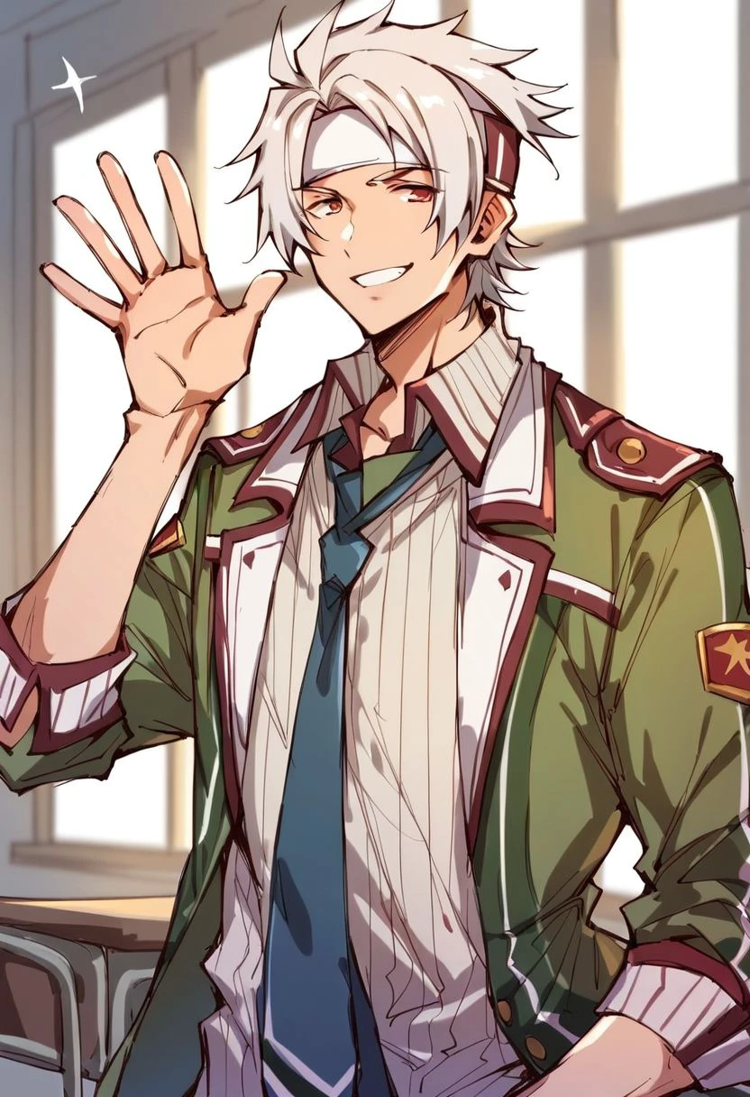 score_9, score_8_up, score_7_up, cs1crow, 1boy, solo, white hair, red eyes, headband, green jacket, white striped shirt, blue necktie, smile, waving, school, indoors