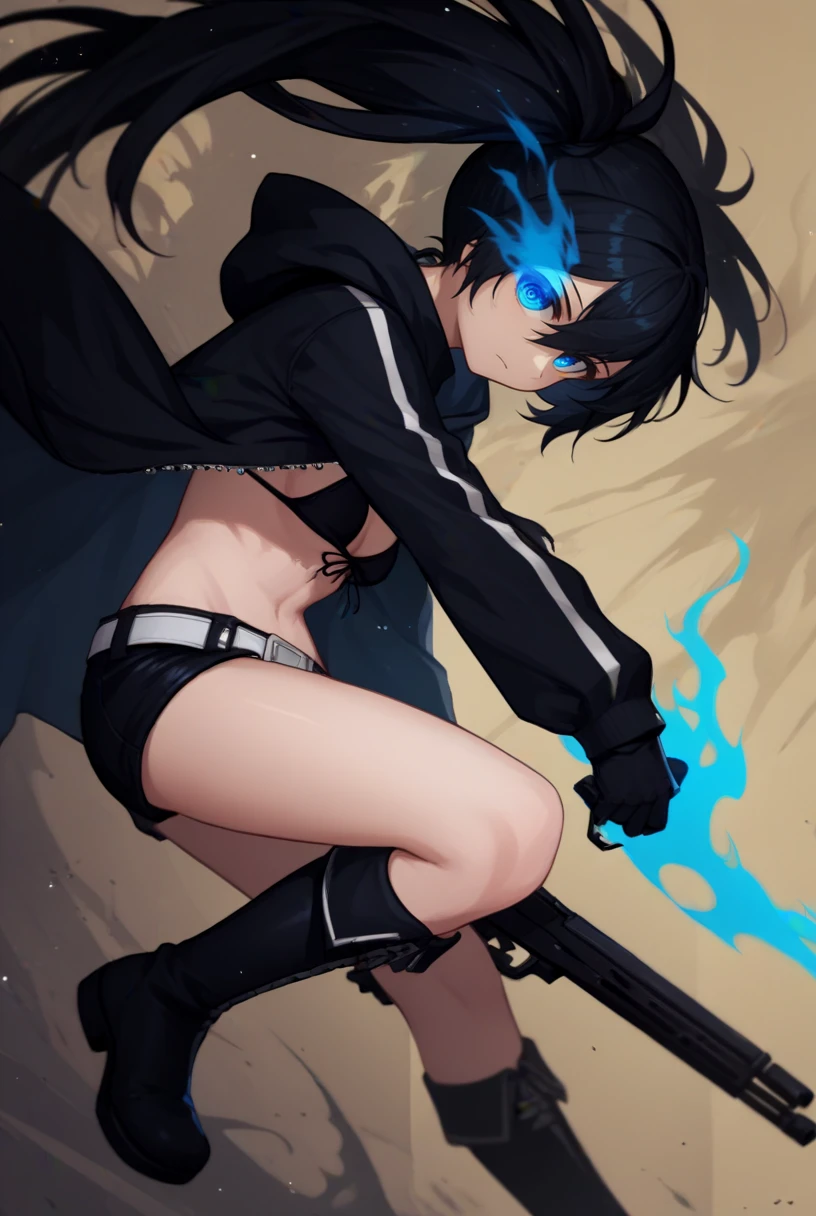 core_9, score_8_up, score_7_up,  source_anime, 1girl, solo, looking at viewer, upper body, 
<lora:BRSPdxlDwnsty:1>,blue eyes, flaming eye, black hair, twintails, long hair, black jacket, bikini top only, black shorts, white belt, black gloves, knee boots, weapon, gun, holding weapon, 
medium breasts, 
abstract background, pattern, spiral, steam, dark clouds, light particles, multicolored background,