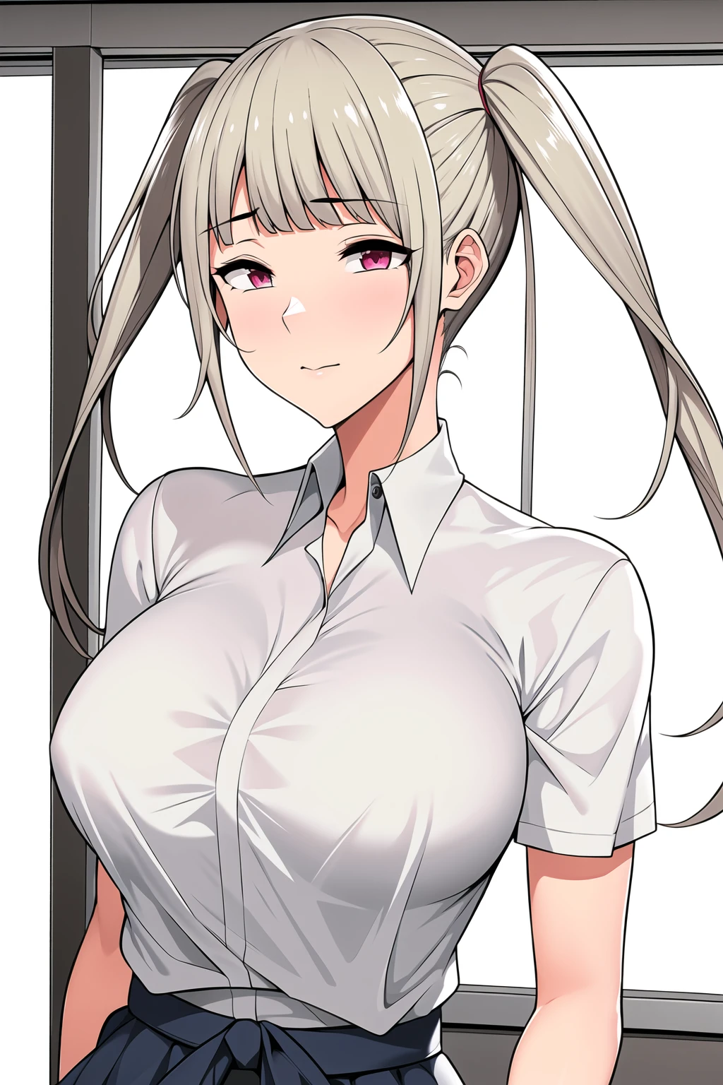 Simple White Background,
dynamic pose,standing at attention,
school uniform, white shirt, collared shirt, short sleeves,
<lora:Ruri_Kurumizaka_Imaizumin-KK77-V1:0.7>,
Pink eyes, Gray hair,bangs,Long hair,hair ornament, twintails,
<lora:Oda_Non_Style-KK77-V2:0.3>,<lora:more_details:0.1>,
1 girl, 20yo,Young female,Beautiful long legs,Beautiful body,
Beautiful Nose,Beautiful character design, perfect eyes, perfect face,expressive eyes,perfect balance,
looking at viewer,(Focus on her face),closed mouth, (innocent_big_eyes:1.0),(Light_Smile:0.5),
official art,extremely detailed CG unity 8k wallpaper, perfect lighting,Colorful, Bright_Front_face_Lighting,White skin,
(masterpiece:1.0),(best_quality:1.0), ultra high res,4K,ultra-detailed,
photography, 8K, HDR, highres, absurdres:1.2, Kodak portra 400, film grain, blurry background, bokeh:1.2, lens flare, (vibrant_color:1.2),professional photograph,
(Beautiful,large_Breasts:1.4), (beautiful_face:1.5),(narrow_waist),
