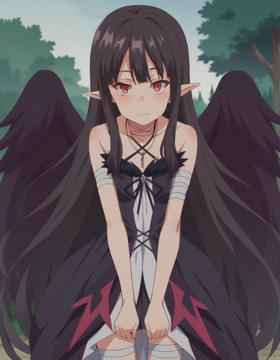 score_9, score_8_up, score_7_up, source_anime,
evereese, <lora:eve-reese-ponyxl-lora-nochekaiser:1>
eve reese, long hair, bangs, black hair, red eyes, very long hair, pointy ears,
dress, bare shoulders, collarbone, wings, sleeveless, black dress, black ribbon, halterneck, bandages, feathered wings, black wings,
outdoors, village, forest, bent over,
looking at viewer, dutch angle, cowboy shot,