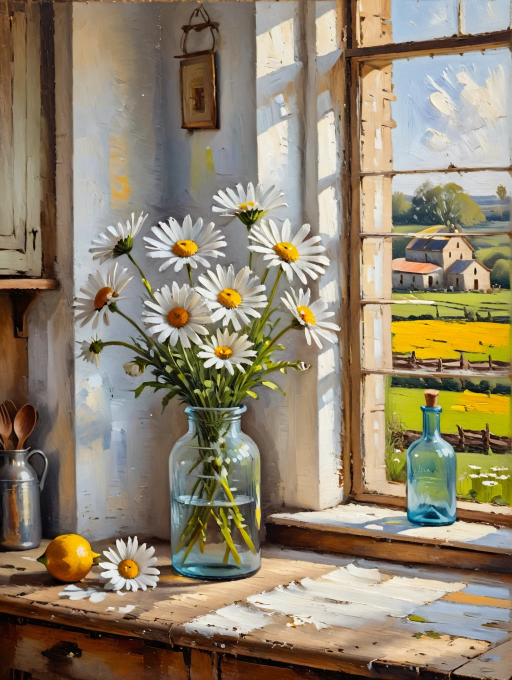 Impressionist painting impressionist art, acrylic oil painting, loose expressive brushwork, figurative art, abstract art, textured brush strokes, illustrative, expressive, rich textures and luminous effects, muted colors, opulent whites, a still life with single white daisy in an old glass bottle on a wooden table by a farmhouse kitchen window with a view, morning, rule of thirds, dynamic lighting, complementary colors, shallow depth of field, painterly, artistic, hyper-realistic <lora:ArtLover_Acrylic_Gouache_v1-000009:0.7>, realistic . Loose brushwork, vibrant color, light and shadow play, captures feeling over form