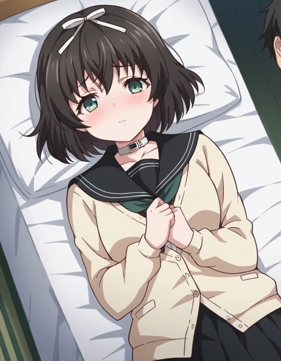score_9, score_8_up, score_7_up, source_anime,
kanaehokari, <lora:kanae-hokari-ponyxl-lora-nochekaiser:1>
kanae hokari, short hair, black hair, ribbon, hair ribbon, green eyes,
skirt, school uniform, serafuku, collar, cardigan, black skirt, black sailor collar,
indoors, bed, bed room, on side, blush, drunk,
looking at viewer, dutch angle, cowboy shot,