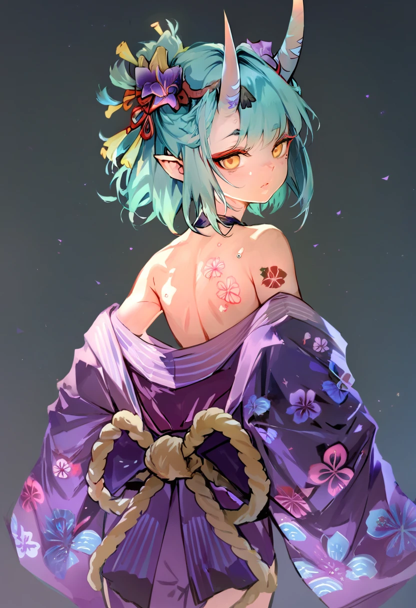 score_9, score_8_up, score_7_up, score_6_up, <lora:anmiXL_P6_lokr_V2233:0.95> 1girl, solo, japanese clothes, horns, yellow eyes, kimono, pointy ears, looking back, looking at viewer, bare shoulders, oni, from behind, floral print, oni horns, short hair, hair ornament, purple kimono, aqua hair, mole, rope, tattoo, bangs