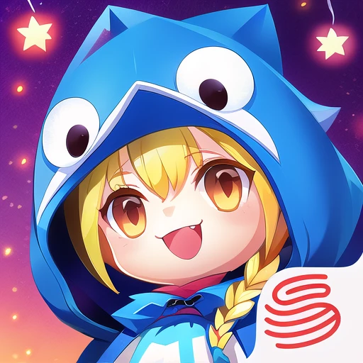 <lora:gmic_gameicon1-000014:1>,a cartoon character with a hat and a star on her head and a red and white background with a red and blue star, 1girl, + +, animal hood, bangs, braid, bunny hood, chibi, eyebrows visible through hair, hair between eyes, hood, hood up, hooded cape, hooded cloak, hooded coat, hoodie, long hair, looking at viewer, open mouth, red hood, saint quartz \(fate\), smile, solo, star-shaped pupils, star \(symbol\), star hair ornament, star print, starry background, teeth