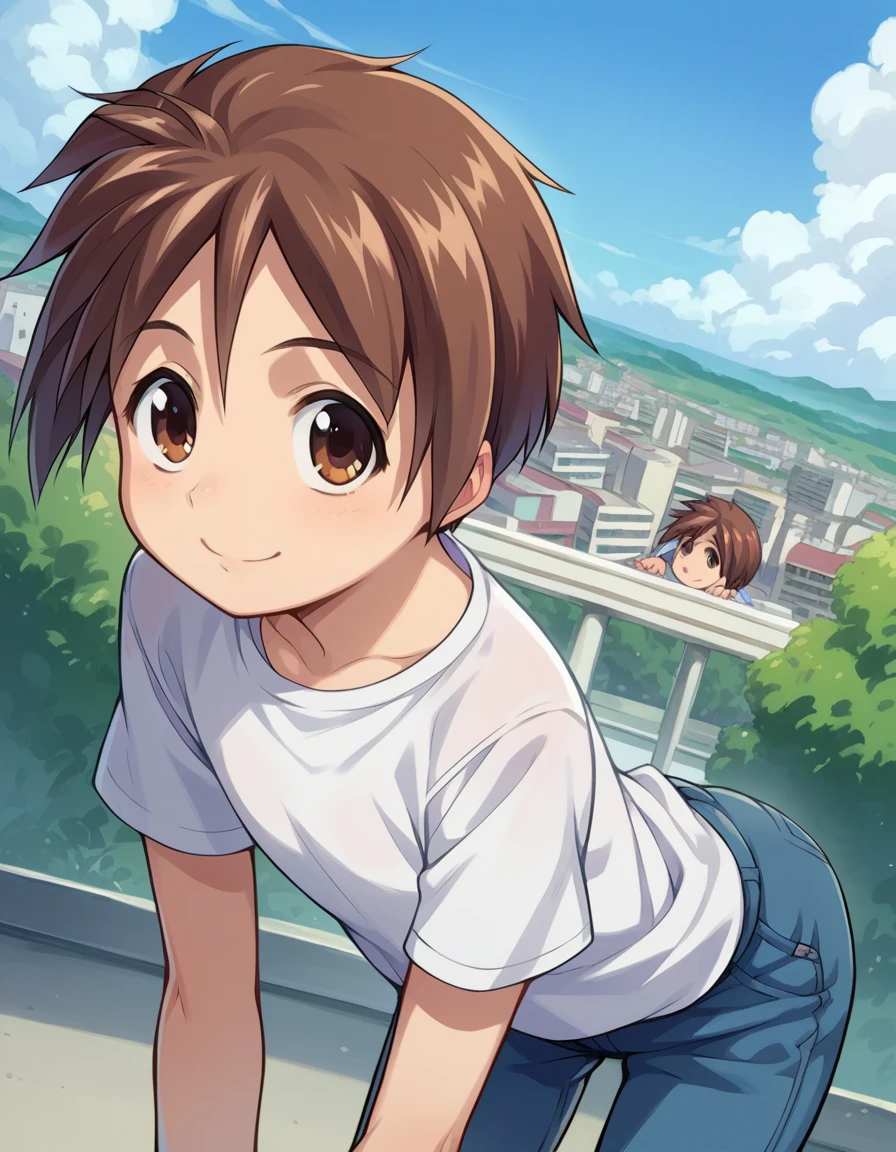 score_9, score_8_up, score_7_up, source_anime,
bokunochico, <lora:boku-no-chico-ponyxl-lora-nochekaiser:1>
chico, short hair, brown hair, brown eyes, smile,
shirt, white shirt, pants,
outdoors, cityscape, bent over,
looking at viewer, dutch angle, cowboy shot,