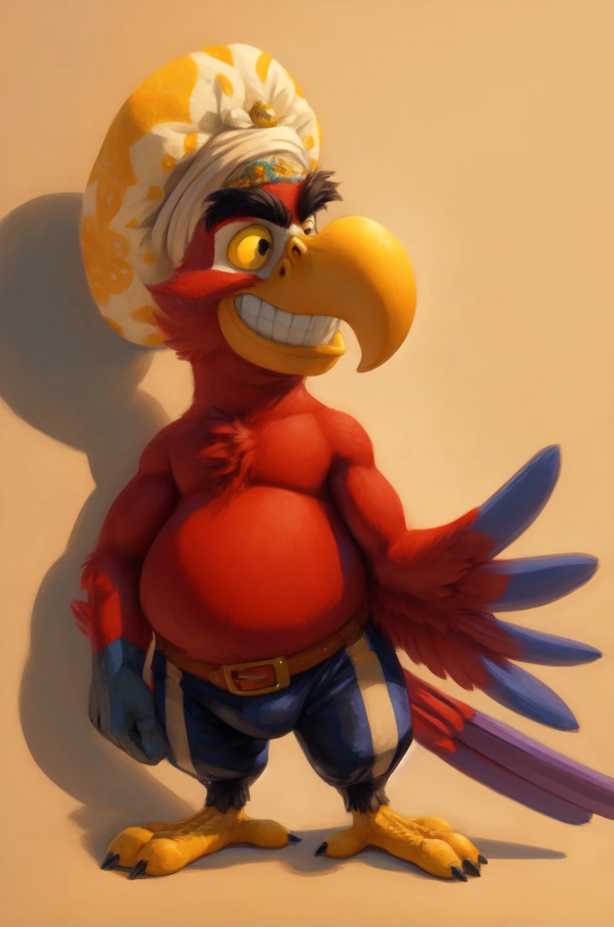 solo, male, iago, scarlet macaw, chibi, avian, yellow sclera, black eyes, eyebrows, head tuft, (red body:1.2), winged-arms, wing-hands, tail feathers, full-length portrait, masterpiece, extreme detail, standing, talons, avian feet, leaning, slightly chubby, (turban:1.2), (puffy pants:1.2), ornate, loose pants, cloth belt, chest tuft, elbow tuft, grin