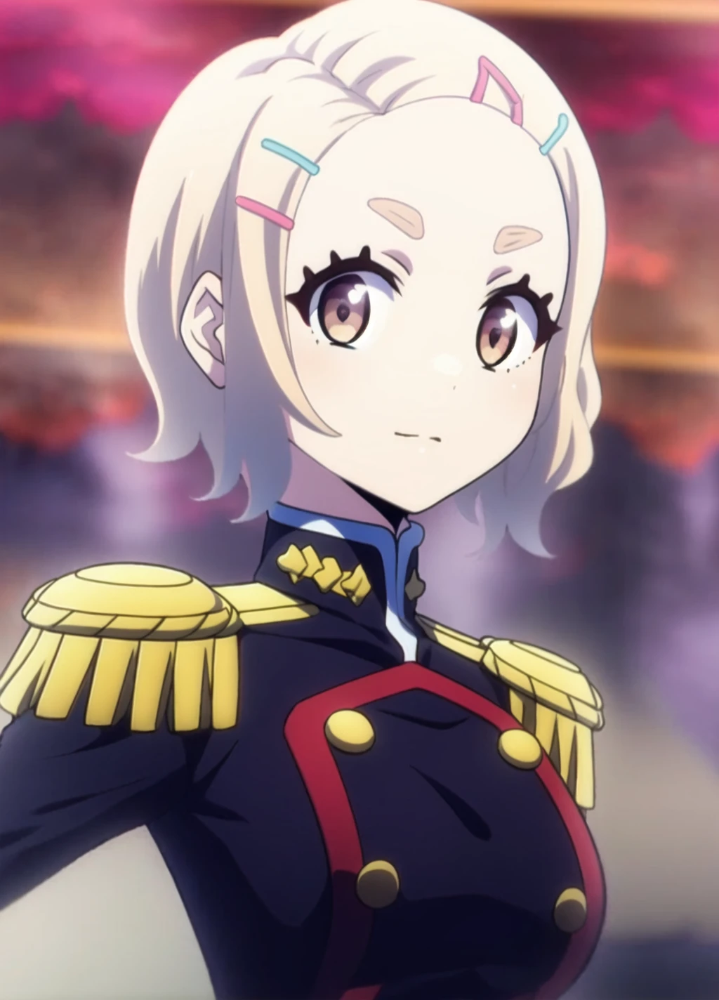 Ginna_Bizen, epaulettes, solo, hair ornament, hairclip, 1girl, uniform, looking at viewer, short hair, upper body, brown eyes, blonde hair, thick eyebrows, forehead, <lora:Ginna Bizen anything45pruned40r50r60r-000006:0.8>