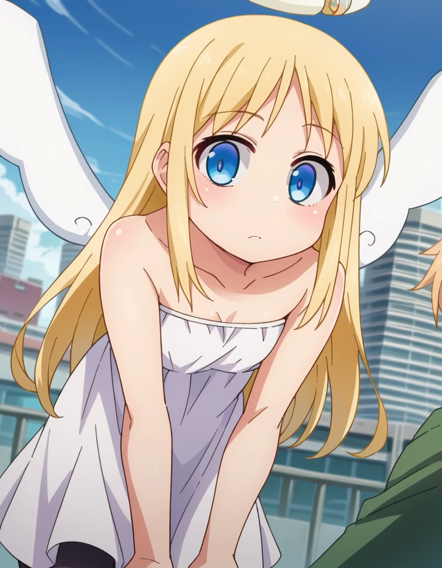 score_9, score_8_up, score_7_up, source_anime,
crimvael, <lora:crimvael-ponyxl-lora-nochekaiser:1>
crimvael, long hair, blue eyes, blonde hair,
dress, bare shoulders, collarbone, wings, white dress, strapless, halo, strapless dress, angel wings, white wings, angel,
outdoors, cityscape, bent over,
looking at viewer, dutch angle, cowboy shot,