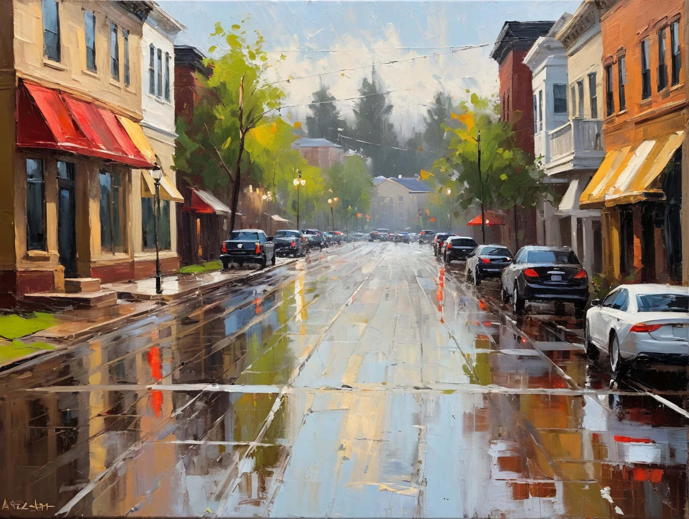 Impressionist painting impressionist art, acrylic oil painting, in the style of Darren Thompson, loose expressive brushwork, figurative art, abstract art, textured brush strokes, illustrative, expressive, rich textures and luminous effects, earth tone colors, opulent whites, a street scene in a quiet American suburb, rainy daytime, no humans, dynamic lighting, complementary colors, shallow depth of field, painterly, artistic, hyper-realistic <lora:ArtLover_Acrylic_Gouache_v1-000009:0.07>, realistic . Loose brushwork, vibrant color, light and shadow play, captures feeling over form