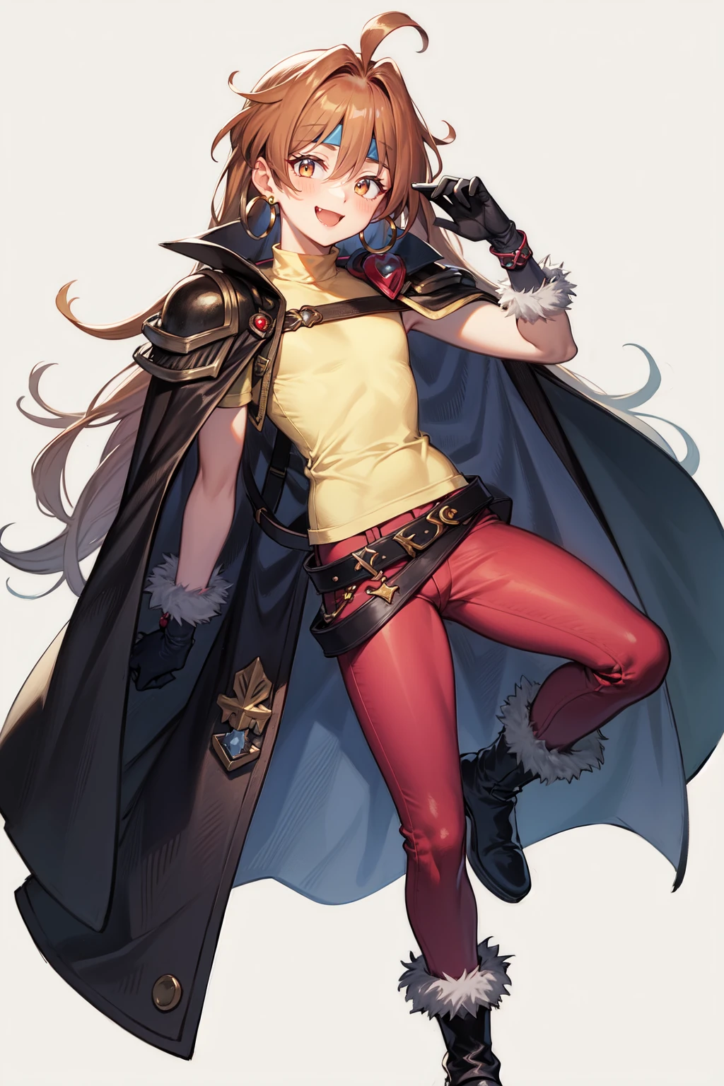 LNvs-sd15, cape, fang, pauldrons, red pants, yellow shirt, sleeveless shirt, headband, black boots, black gloves, smile, hoop earrings, fur-trimmed gloves,  <lora:LinaSD15:1>, long hair,