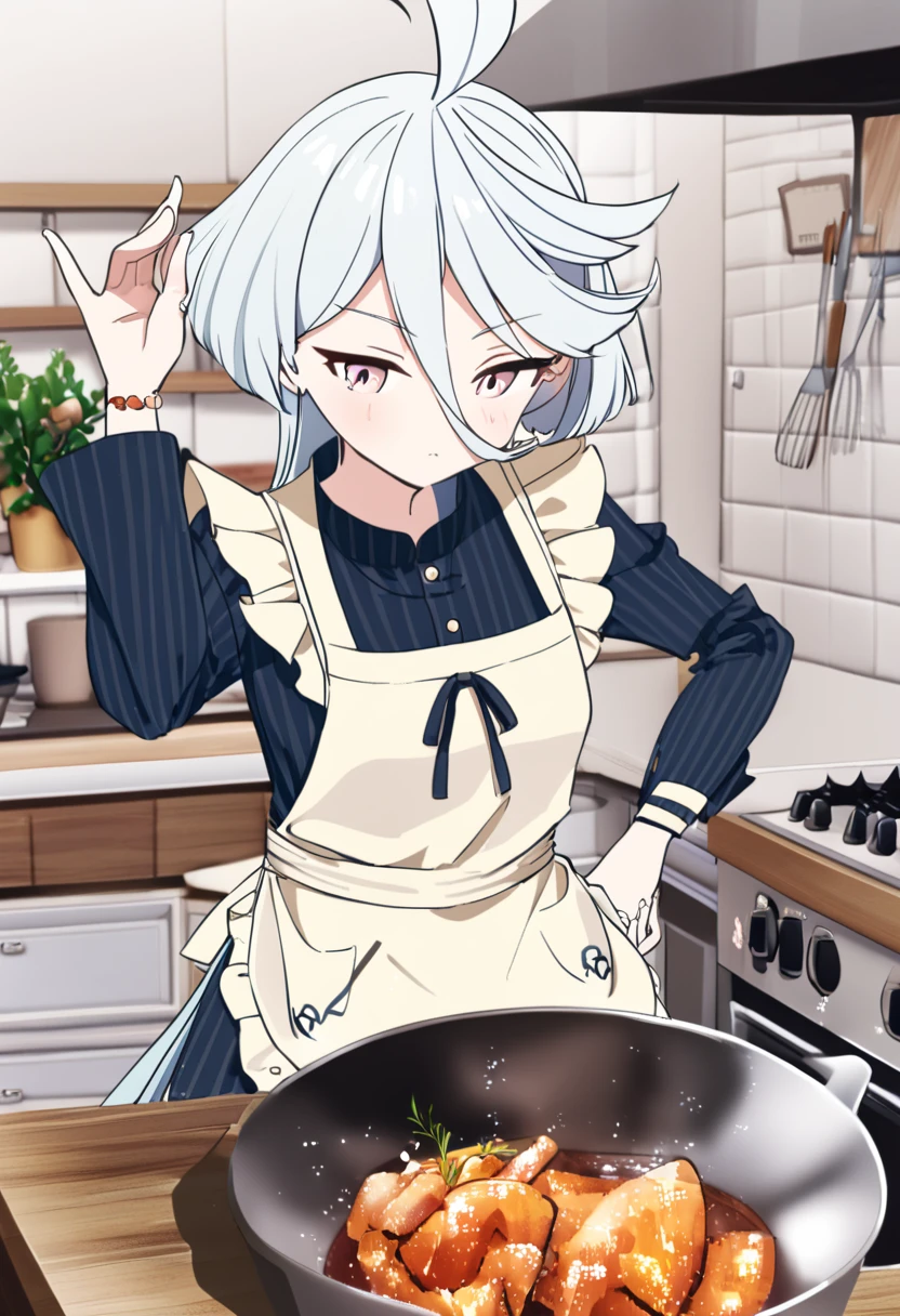 <lora:salt_bae:1>1girl, miorine rembran, salt bae \(meme\), kitchen, apron, food