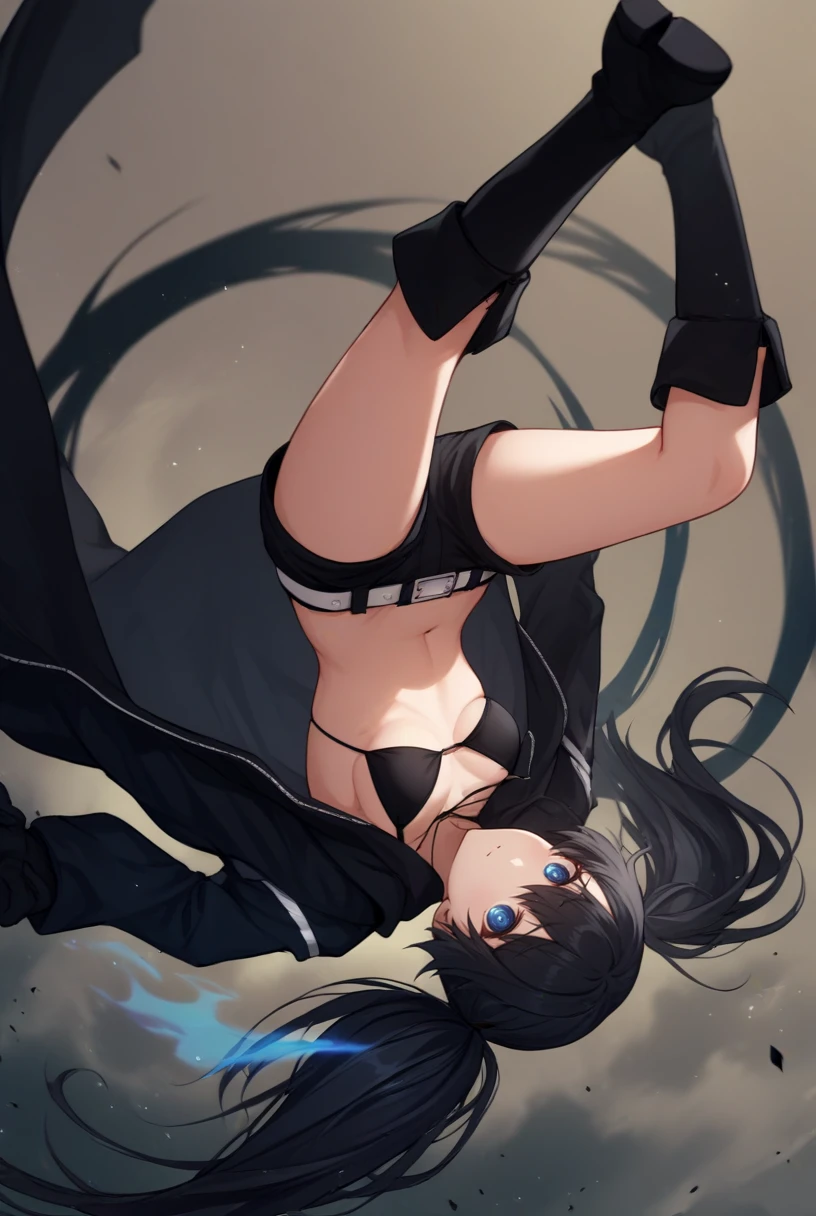 core_9, score_8_up, score_7_up,  source_anime BREAK 1girl, solo, looking at viewer, cowboy shot,
<lora:BRSPdxlDwnsty:1>,blue eyes, flaming eye, black hair, twintails, long hair, black jacket, bikini top only, black shorts, white belt, black gloves, knee boots,
medium breasts, midair, falling,  upside-down,
abstract background, pattern, spiral, steam, dark clouds, light particles,