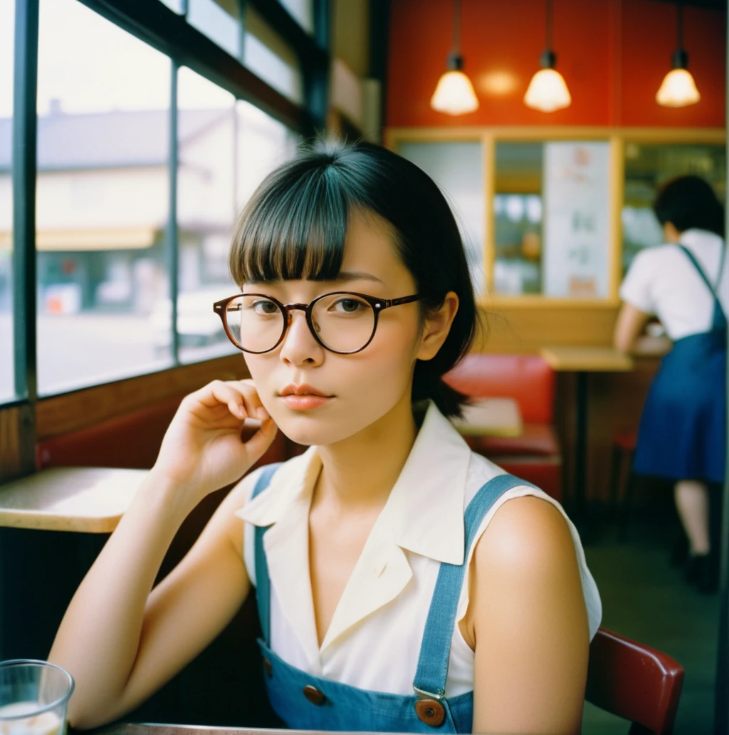 masterpiece of analog film photograph a girl in the cafe,<lora:benben:0.85>,, taken by Hideaki Hamada using Pentax 67II and Kodak Portra,Heavy makeup, glasses
