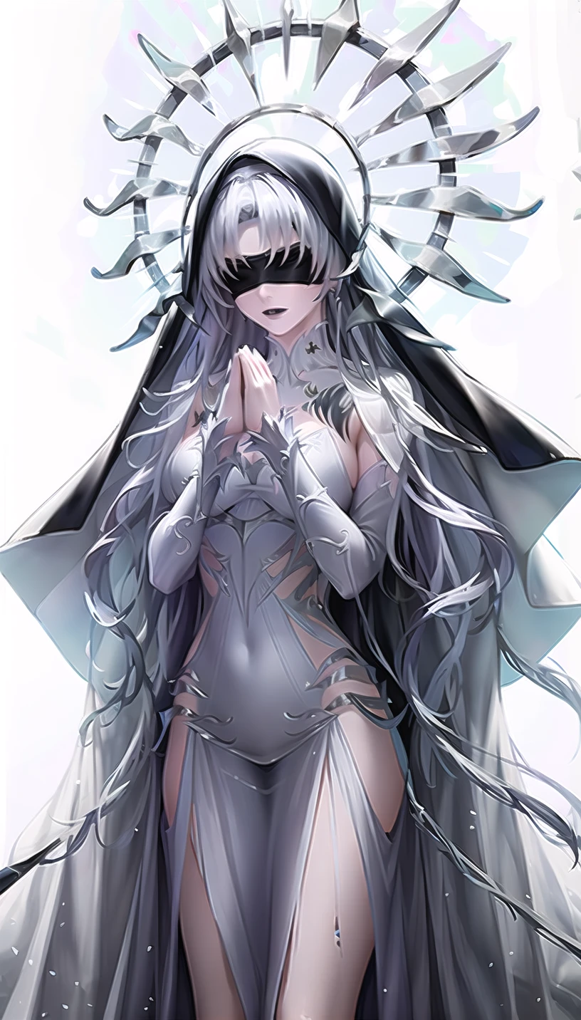 nox-hairstyle,halo,black blindfold,black lips,
outfit-strapless dress, habit,(own hands clasped,hands up,praying:1.28),
lady,mature female, cowboy shot,
(white background, simple background:1.18),
highres,official art,original,masterpiece,best quality,
(large breasts),
 <lora:noxpi2:0.8>