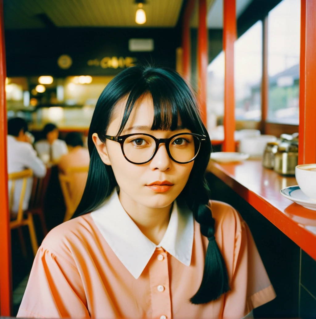 masterpiece of analog film photograph a girl in the cafe,<lora:benben:0.85>,Hime cut, taken by Hideaki Hamada using Pentax 67II and Kodak Portra,Heavy makeup, glasses