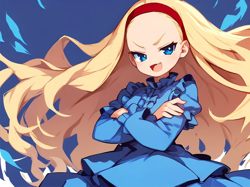 <lora:Disgaea-PonyXL-1024px:0.8>
score_5_up, score_6_up,
1girl, solo, crossed arms, open mouth, smug, wearing (blue dress, red hairband), long blonde hair, blue eyes, frills, forehead