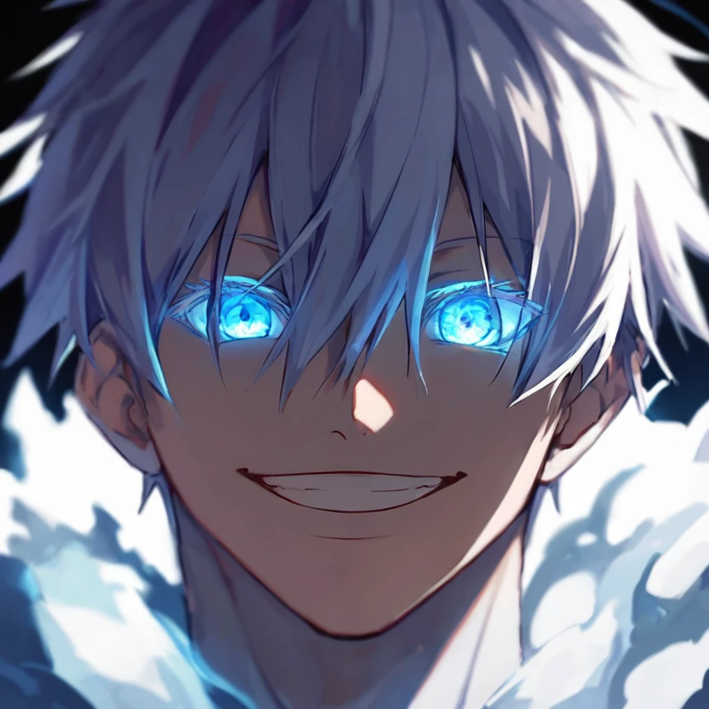 score_9, score_8_up, score_7_up,
SatoruGojo, solo, looking at viewer, smile, short hair, bangs, 1boy, hair between eyes, male focus, grin, glowing, black background, portrait, colored eyelashes, one eye covered with hair,
 <lora:GojoSatoruPony19:0.6>
