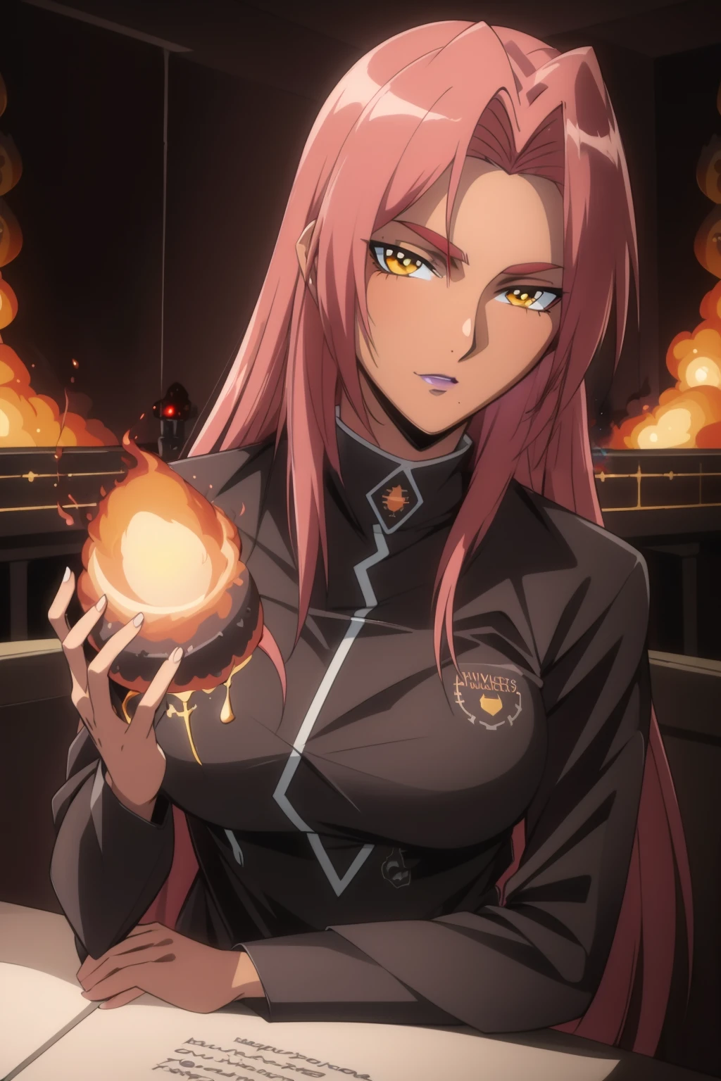 ingrid,best quality,masterpiece,highres,dark skin,<lora:ingrid_nai_V8-000018:0.7>,beautiful detailed glow,((flames of war)),(((nuclear explosion behide))),