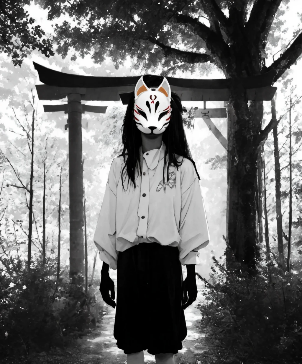 shadow,anbu,1girl,medium hair,brown hair,standing,torii,solo,<lora:anbu_mask-09:1>,<lora:shadow_lora-10:2>,