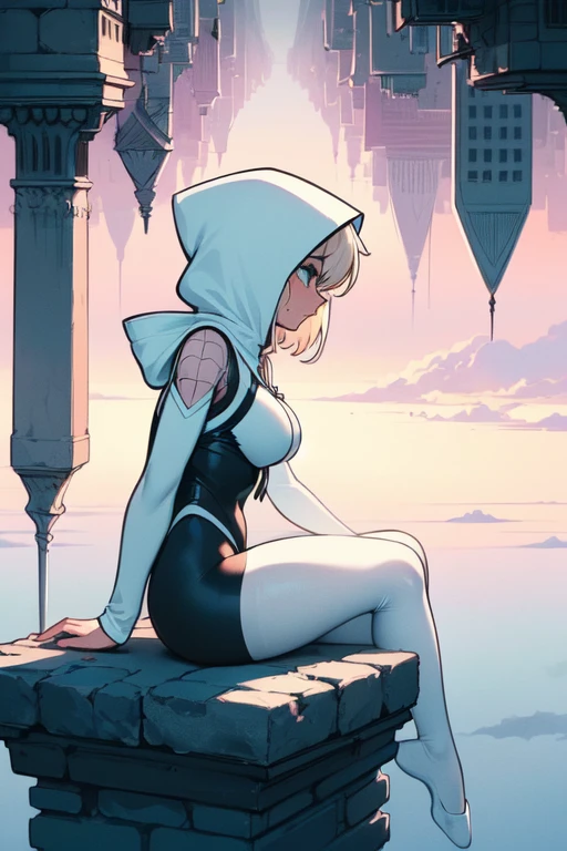 (((masterpiece))), (((best quality))), (((from side))), (((upside-down world))), (((floating city))), ((mint ballet slippers)), ((sitting on stone parapet)), ((hooded bodysuit)), ((paid lining)), (black pantyhose), blonde hair, spider logo, gradient light, skyline, high sky, colorful cloudy sky, solo, 1girl, big tits, sweat, slim figure, 